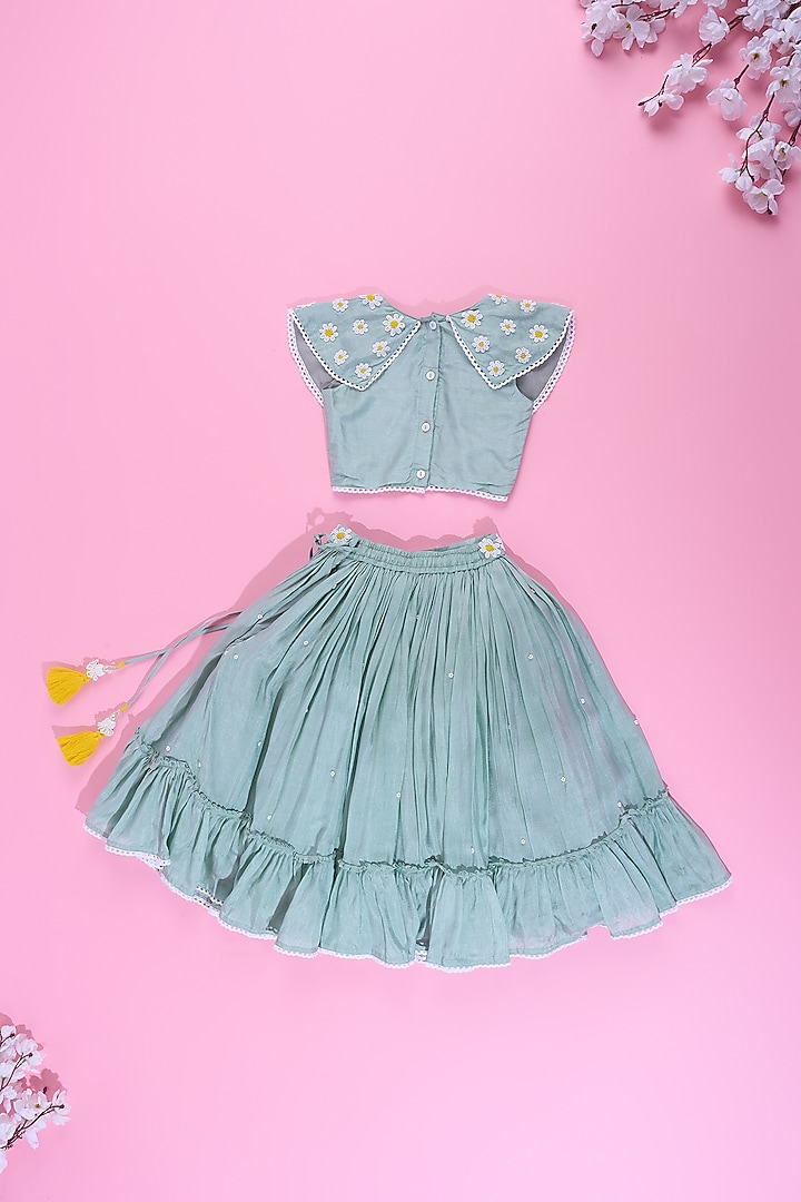 Powder Blue Viscose Silk Frilled Lehenga Set For Girls by Poochkie at Pernia's Pop Up Shop