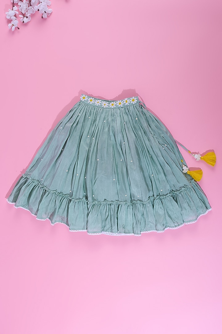 Powder Blue Viscose Silk Frilled Lehenga Set For Girls by Poochkie at Pernia's Pop Up Shop