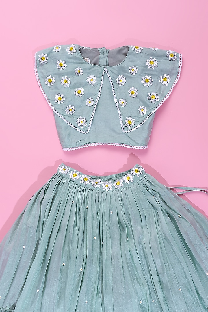 Powder Blue Viscose Silk Frilled Lehenga Set For Girls by Poochkie at Pernia's Pop Up Shop
