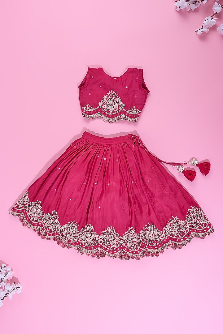 Fuchsia Viscose Silk Mirror Embroidered Lehenga Set For Girls by Poochkie at Pernia's Pop Up Shop