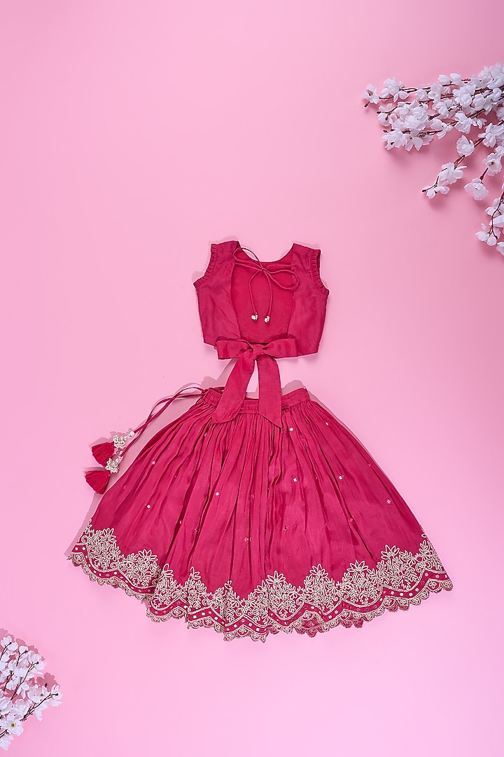 Fuchsia Viscose Silk Mirror Embroidered Lehenga Set For Girls by Poochkie at Pernia's Pop Up Shop