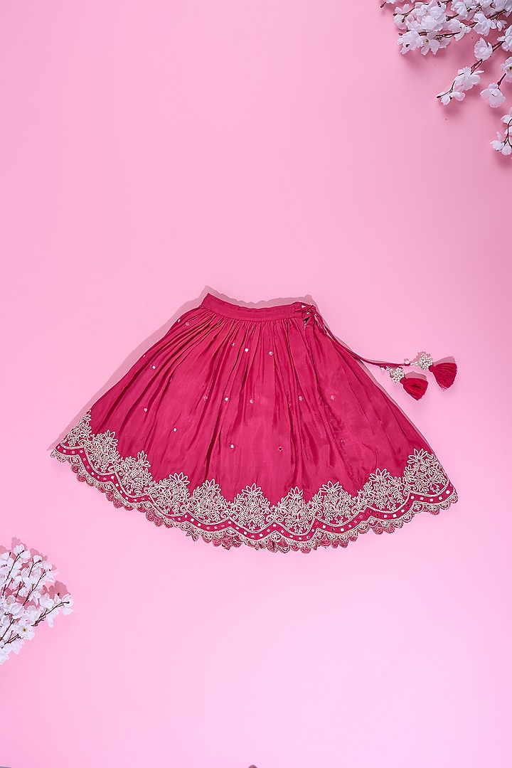 Fuchsia Viscose Silk Mirror Embroidered Lehenga Set For Girls by Poochkie at Pernia's Pop Up Shop
