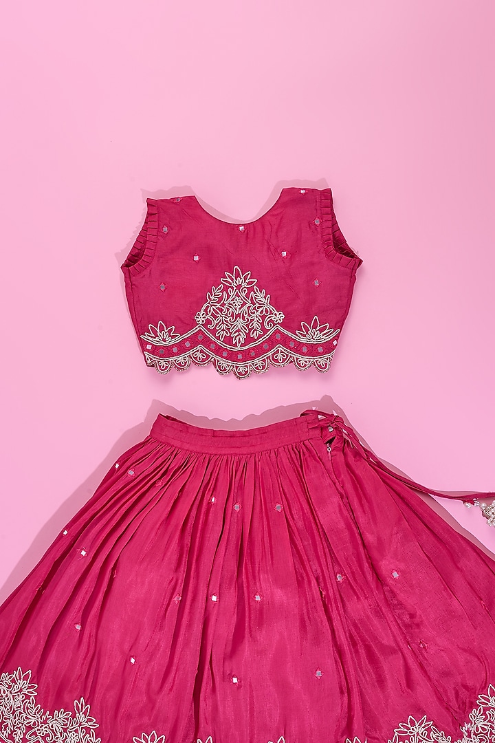 Fuchsia Viscose Silk Mirror Embroidered Lehenga Set For Girls by Poochkie at Pernia's Pop Up Shop