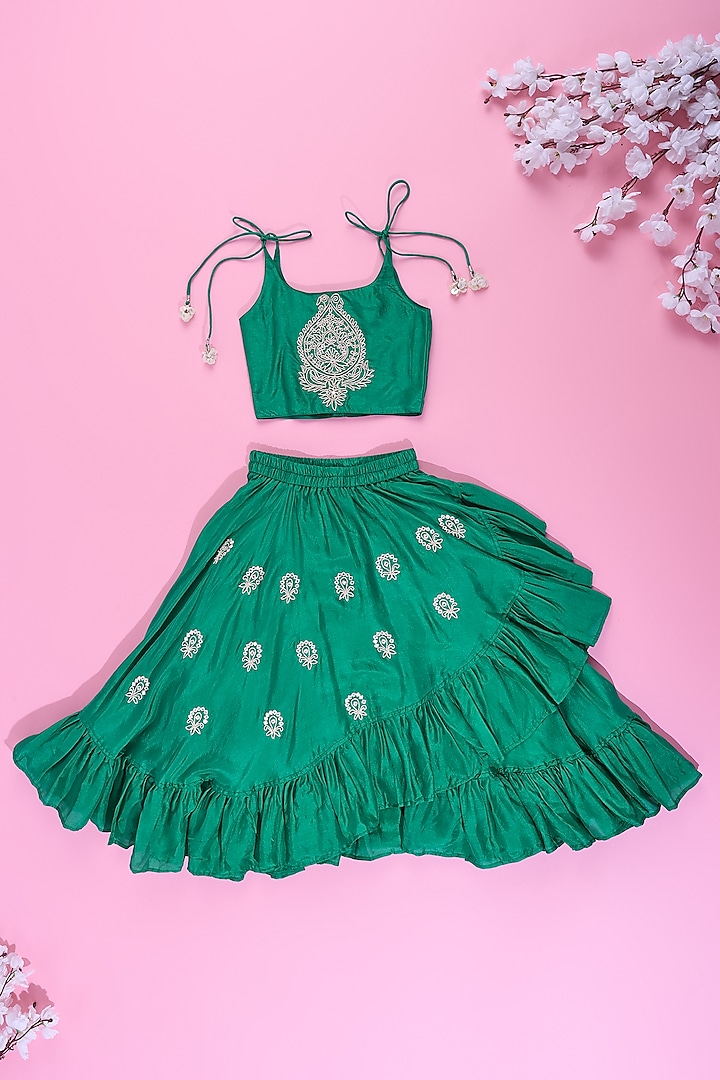 Green Viscose Muslin Mirror Embroidered Lehenga Set For Girls by Poochkie at Pernia's Pop Up Shop