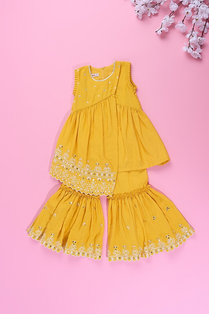 Yellow Viscose Silk Sharara Set For Girls by Poochkie at Pernia's Pop Up Shop