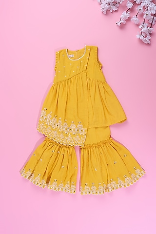 Yellow Viscose Silk Sharara Set For Girls by Poochkie