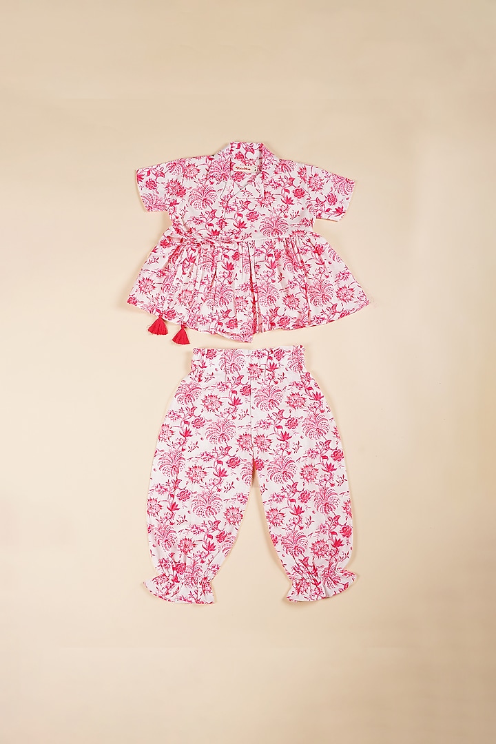 Pink & White Linen Blend Printed Co-Ord Set For Girls by Poochkie at Pernia's Pop Up Shop