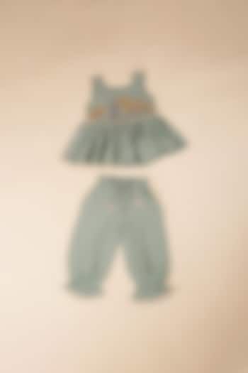 Green Cotton Jacquard Embroidered Kurta Set For Girls by Poochkie at Pernia's Pop Up Shop