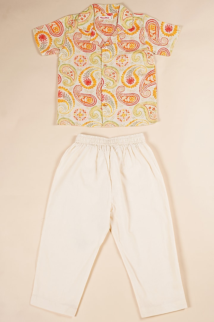 White Cotton Pant Set For Boys by Poochkie