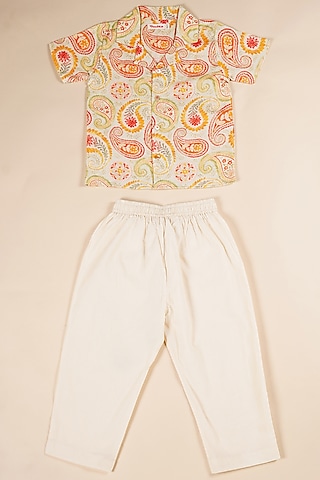 White Cotton Pant Set For Boys by Poochkie