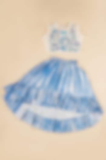 Blue & Ivory Cotton Cambric Tie-Dye Printed Lehenga Set For Girls by Poochkie