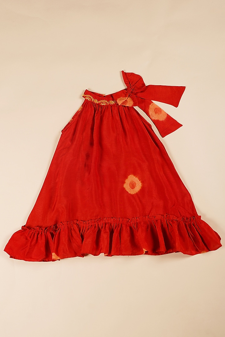 Red Russian Silk Tie-Dye Printed Dress For Girls by Poochkie at Pernia's Pop Up Shop