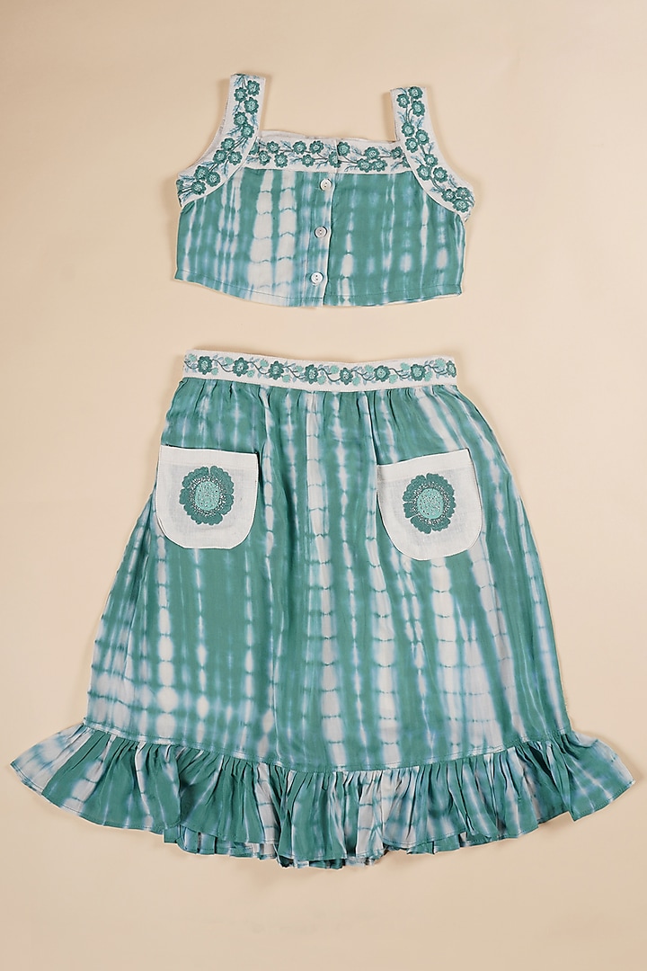 Green & white Cotton Shibori Printed Lehenga Set For Girls by Poochkie at Pernia's Pop Up Shop