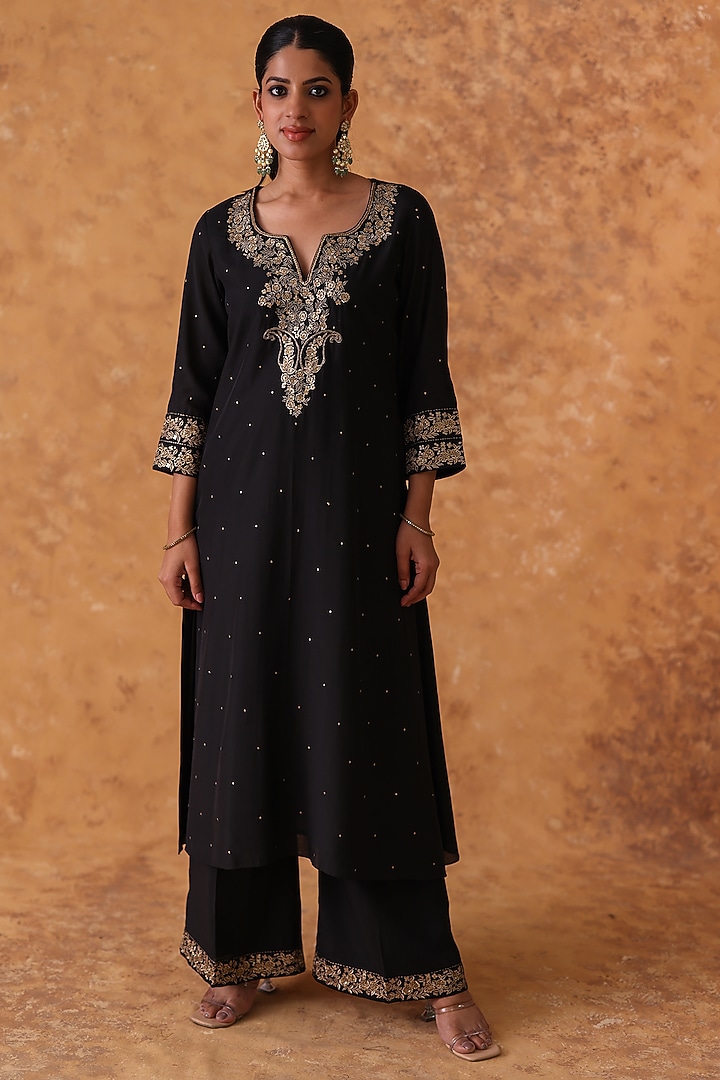 Black Chanderi Zardosi Embroidered Kurta Set by Pouli at Pernia's Pop Up Shop