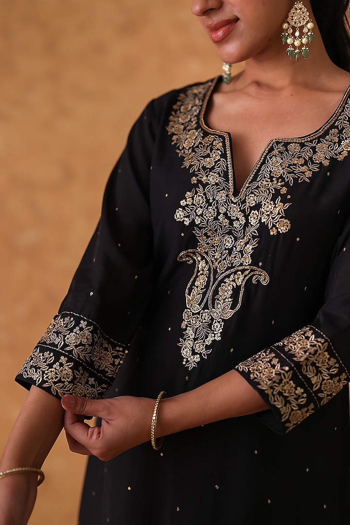 Black Chanderi Zardosi Embroidered Kurta Set by Pouli at Pernia's Pop Up Shop