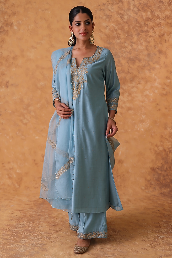 Blue Chanderi Zardosi Embroidered Kurta Set by Pouli at Pernia's Pop Up Shop