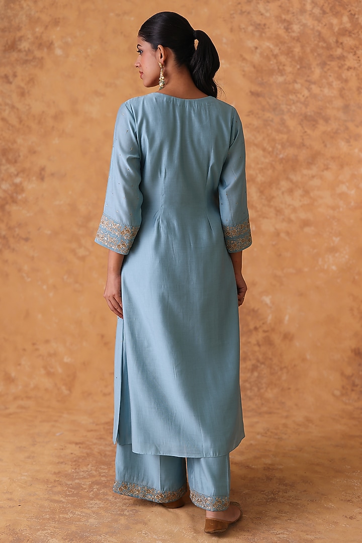 Blue Chanderi Zardosi Embroidered Kurta Set by Pouli at Pernia's Pop Up Shop