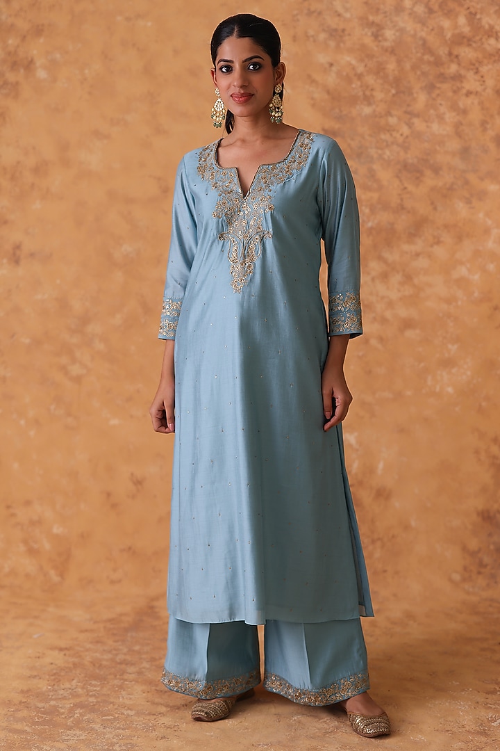 Blue Chanderi Zardosi Embroidered Kurta Set by Pouli at Pernia's Pop Up Shop