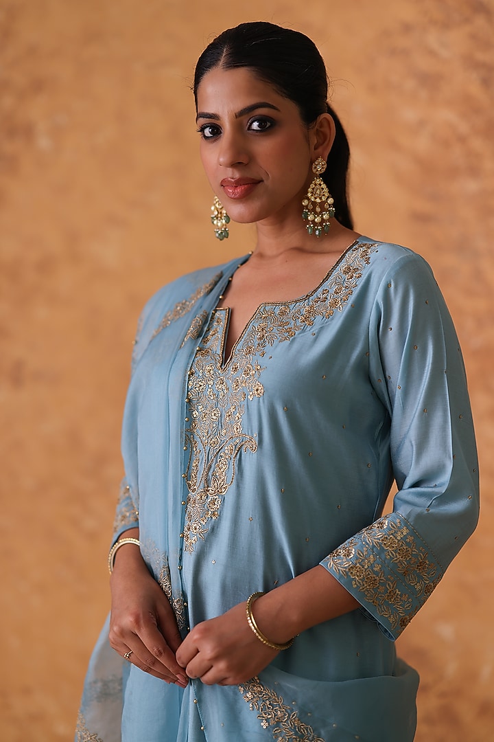 Blue Chanderi Zardosi Embroidered Kurta Set by Pouli at Pernia's Pop Up Shop