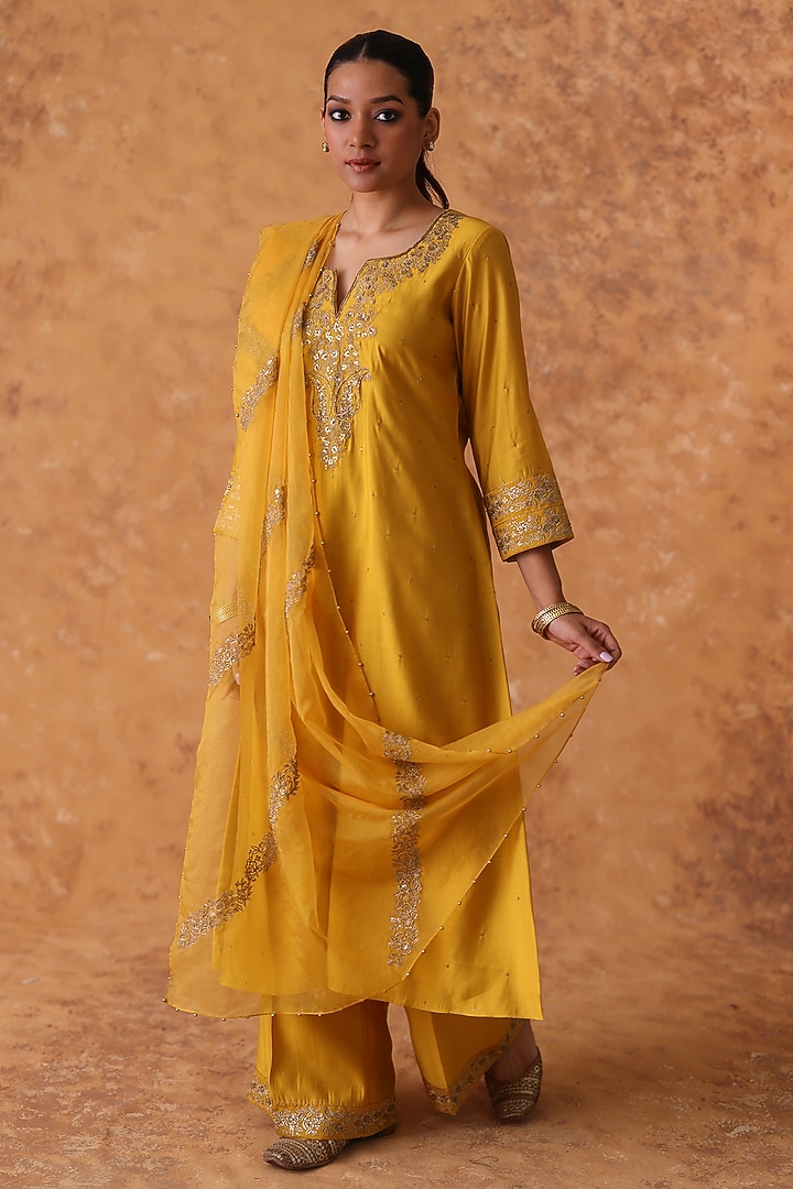 Yellow Chanderi Zardosi Embroidered Kurta Set by Pouli at Pernia's Pop Up Shop