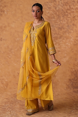 Yellow Chanderi Zardosi Embroidered Kurta Set by Pouli