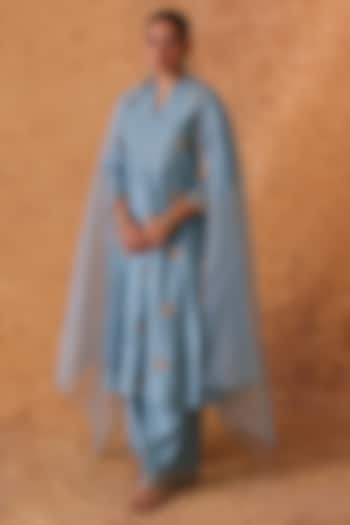 Blue Chanderi Zari & Sequin Embroidered Kurta Set by Pouli at Pernia's Pop Up Shop