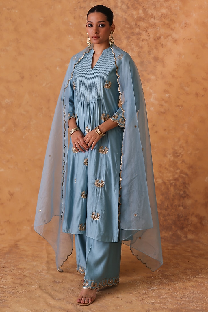 Blue Chanderi Zari & Sequin Embroidered Kurta Set by Pouli at Pernia's Pop Up Shop