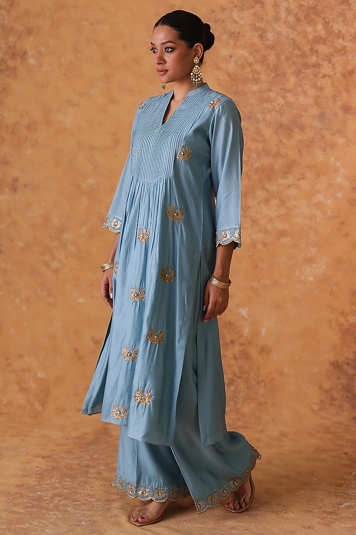 Blue Chanderi Zari & Sequin Embroidered Kurta Set by Pouli at Pernia's Pop Up Shop