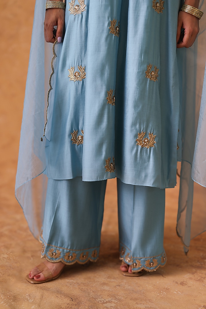 Blue Chanderi Zari & Sequin Embroidered Kurta Set by Pouli at Pernia's Pop Up Shop
