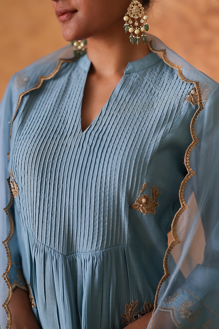 Blue Chanderi Zari & Sequin Embroidered Kurta Set by Pouli at Pernia's Pop Up Shop