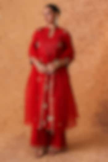 Red Chanderi Zari & Sequin Embroidered Kurta Set by Pouli at Pernia's Pop Up Shop