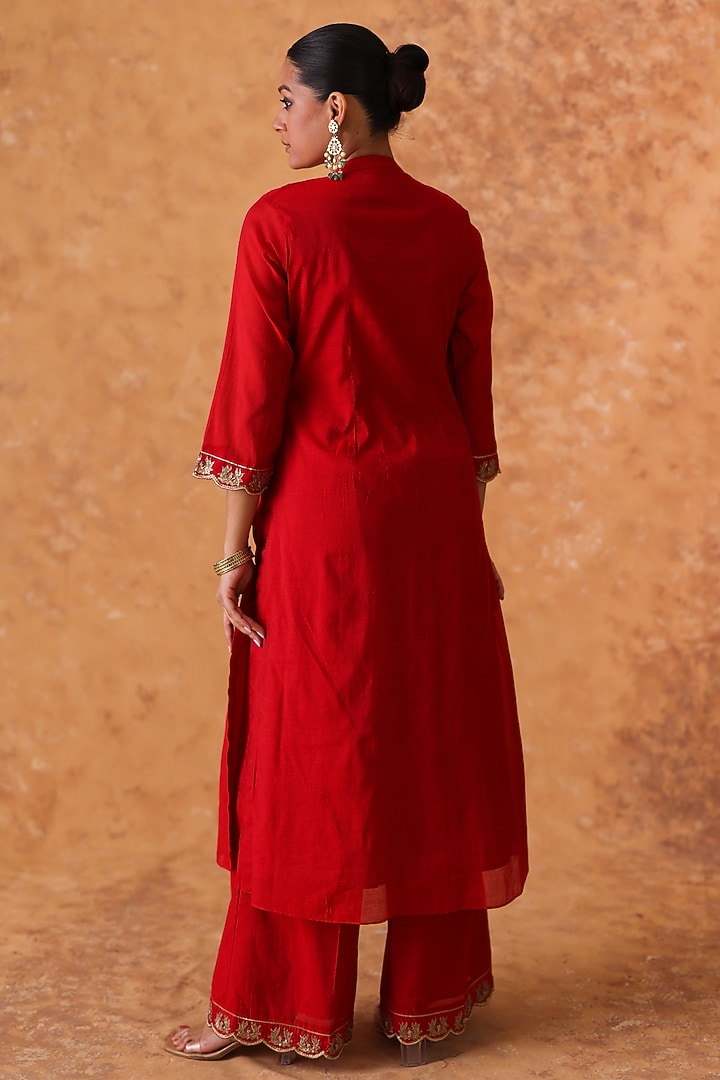 Red Chanderi Zari & Sequin Embroidered Kurta Set by Pouli at Pernia's Pop Up Shop