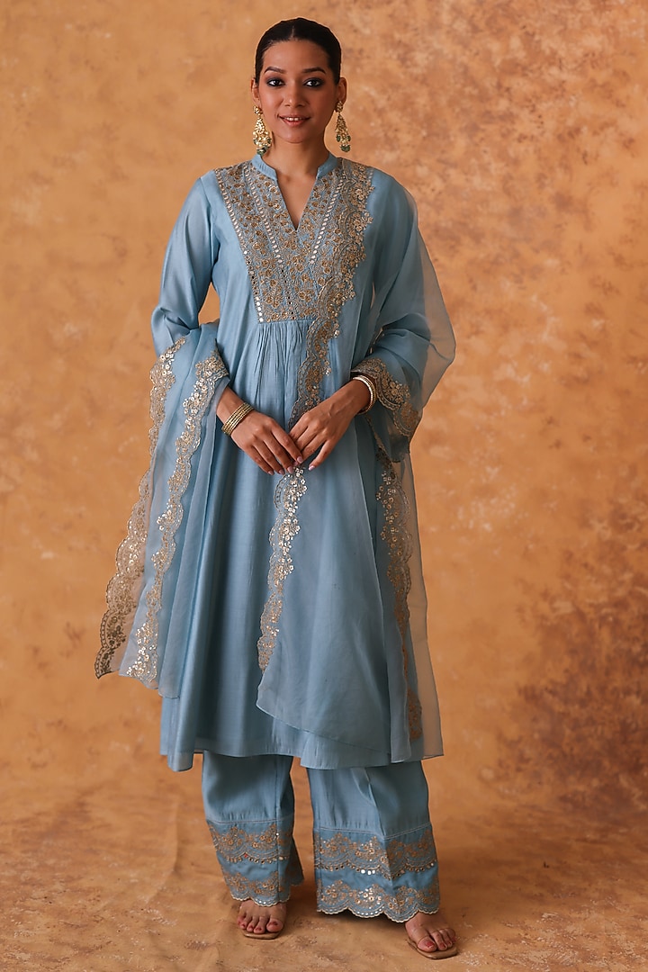 Blue Chanderi Zari & Sequin Embroidered Kurta Set by Pouli at Pernia's Pop Up Shop