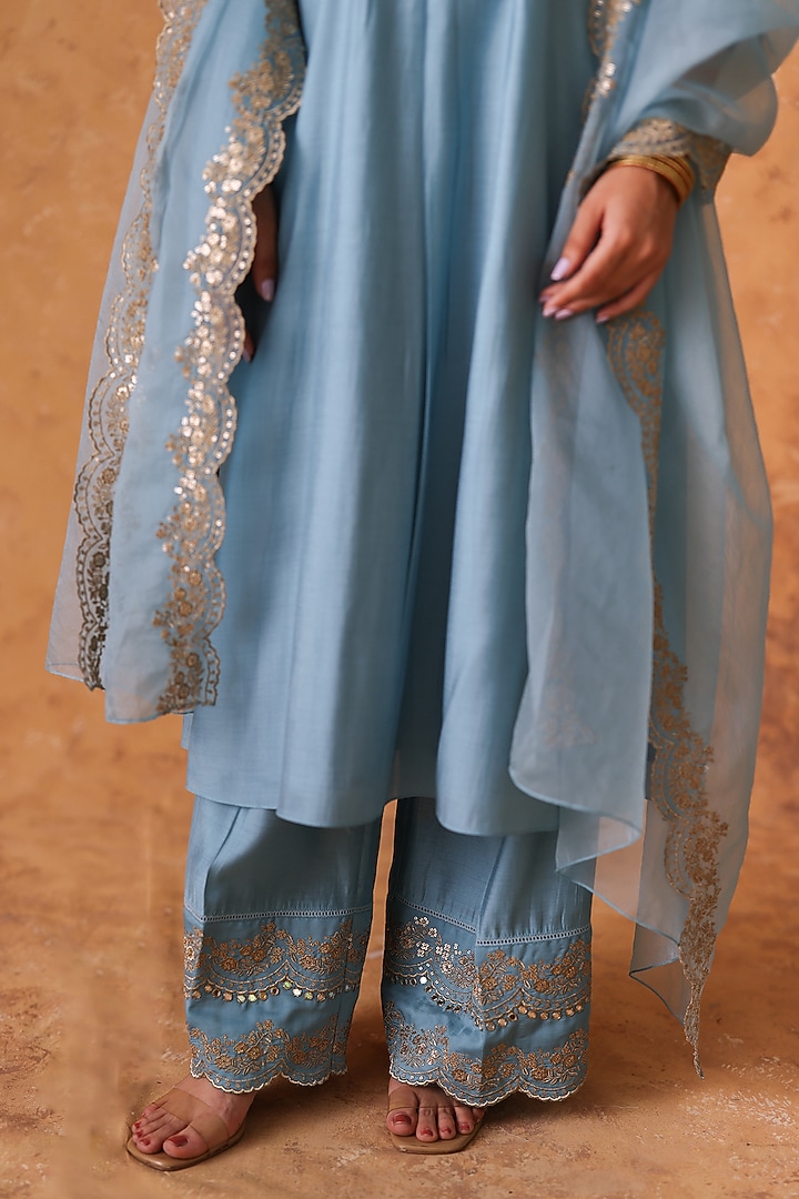 Blue Chanderi Zari & Sequin Embroidered Kurta Set by Pouli at Pernia's Pop Up Shop