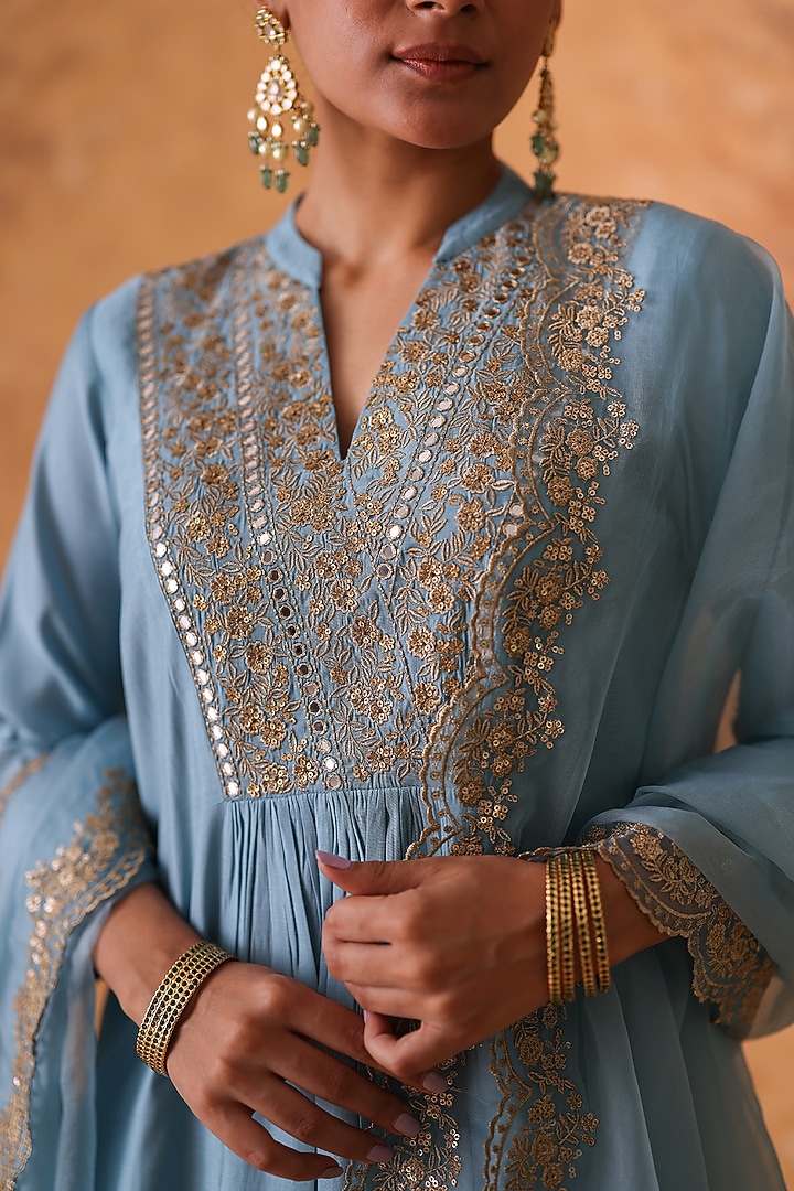 Blue Chanderi Zari & Sequin Embroidered Kurta Set by Pouli at Pernia's Pop Up Shop