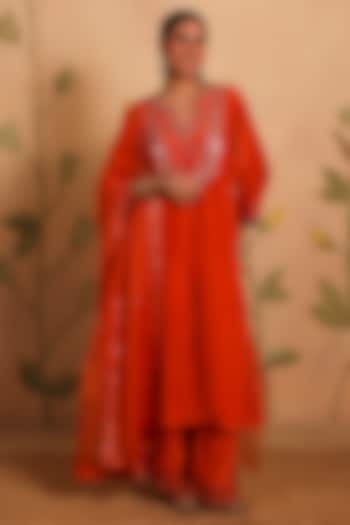 Burnt Orange Habutai Silk MIrror Embroidered Kurta Set by Pouli at Pernia's Pop Up Shop