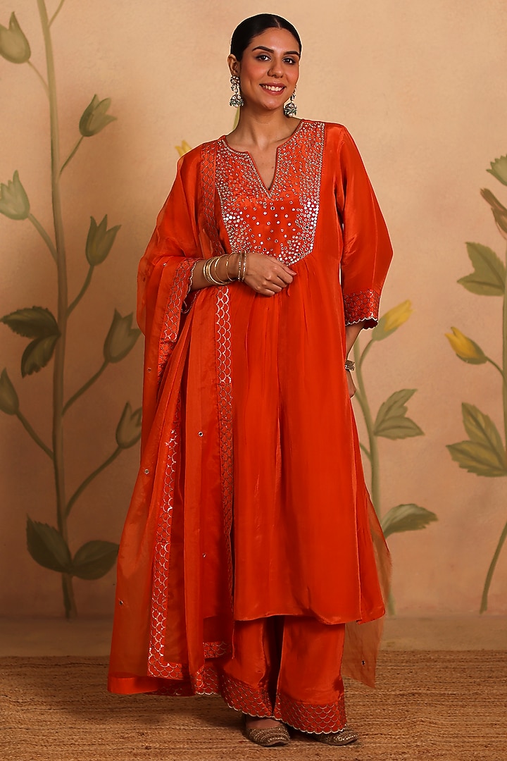 Burnt Orange Habutai Silk MIrror Embroidered Kurta Set by Pouli at Pernia's Pop Up Shop