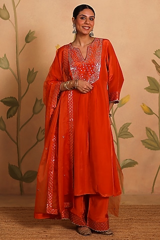 Burnt Orange Habutai Silk MIrror Embroidered Kurta Set by Pouli
