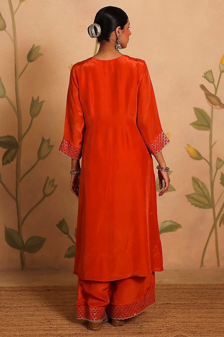 Burnt Orange Habutai Silk MIrror Embroidered Kurta Set by Pouli at Pernia's Pop Up Shop