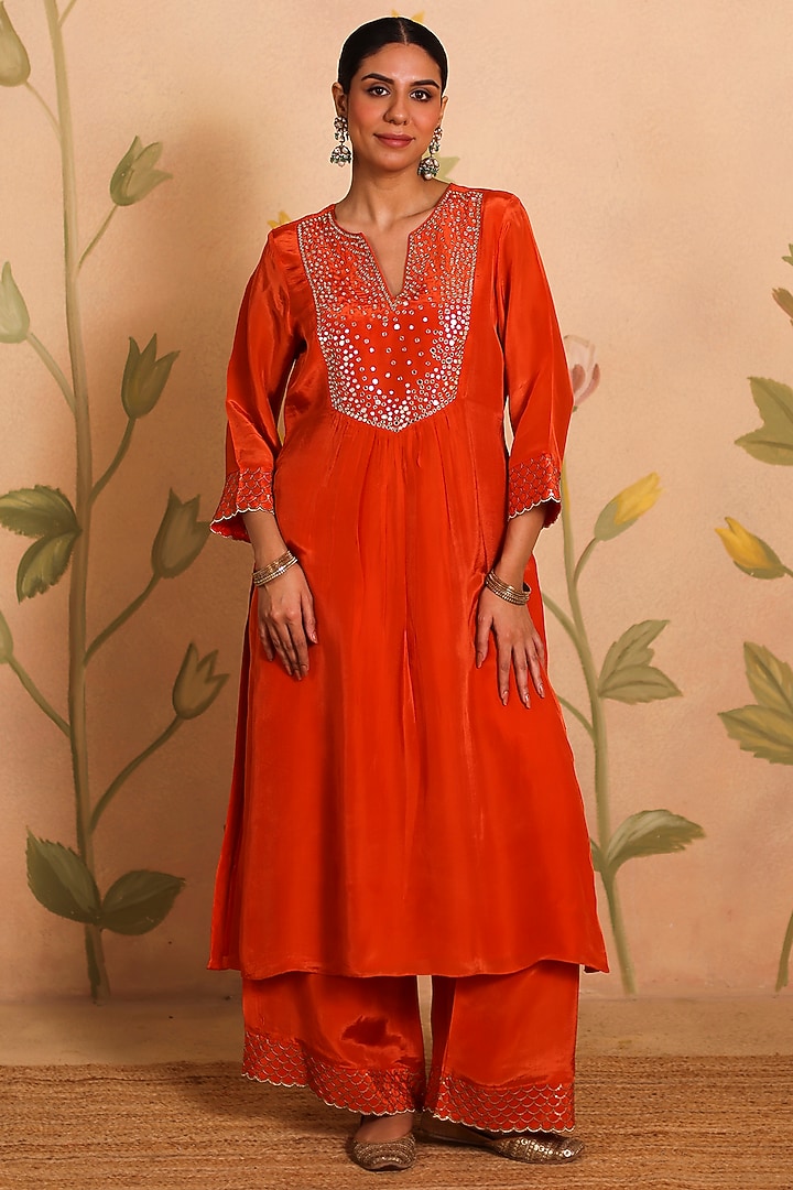 Burnt Orange Habutai Silk MIrror Embroidered Kurta Set by Pouli at Pernia's Pop Up Shop