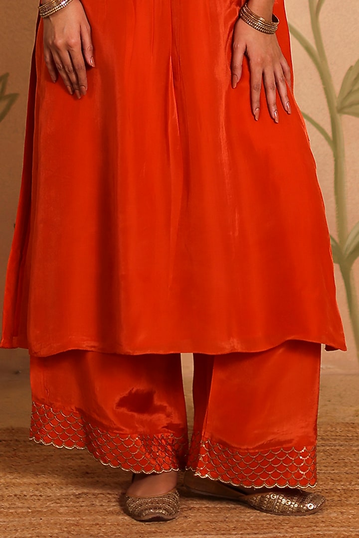 Burnt Orange Habutai Silk MIrror Embroidered Kurta Set by Pouli at Pernia's Pop Up Shop