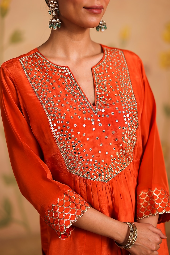 Burnt Orange Habutai Silk MIrror Embroidered Kurta Set by Pouli at Pernia's Pop Up Shop
