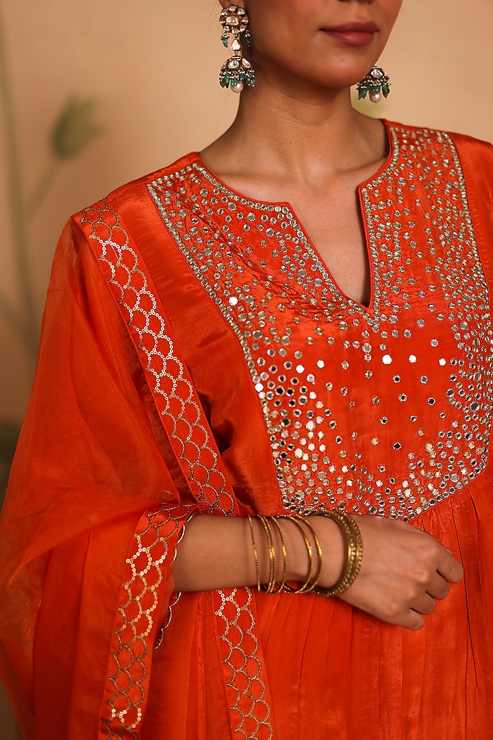 Burnt Orange Habutai Silk MIrror Embroidered Kurta Set by Pouli at Pernia's Pop Up Shop