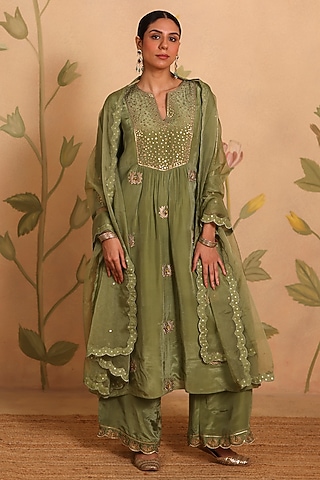 Sage Green Habutai Silk MIrror Embroidered Kurta Set by Pouli