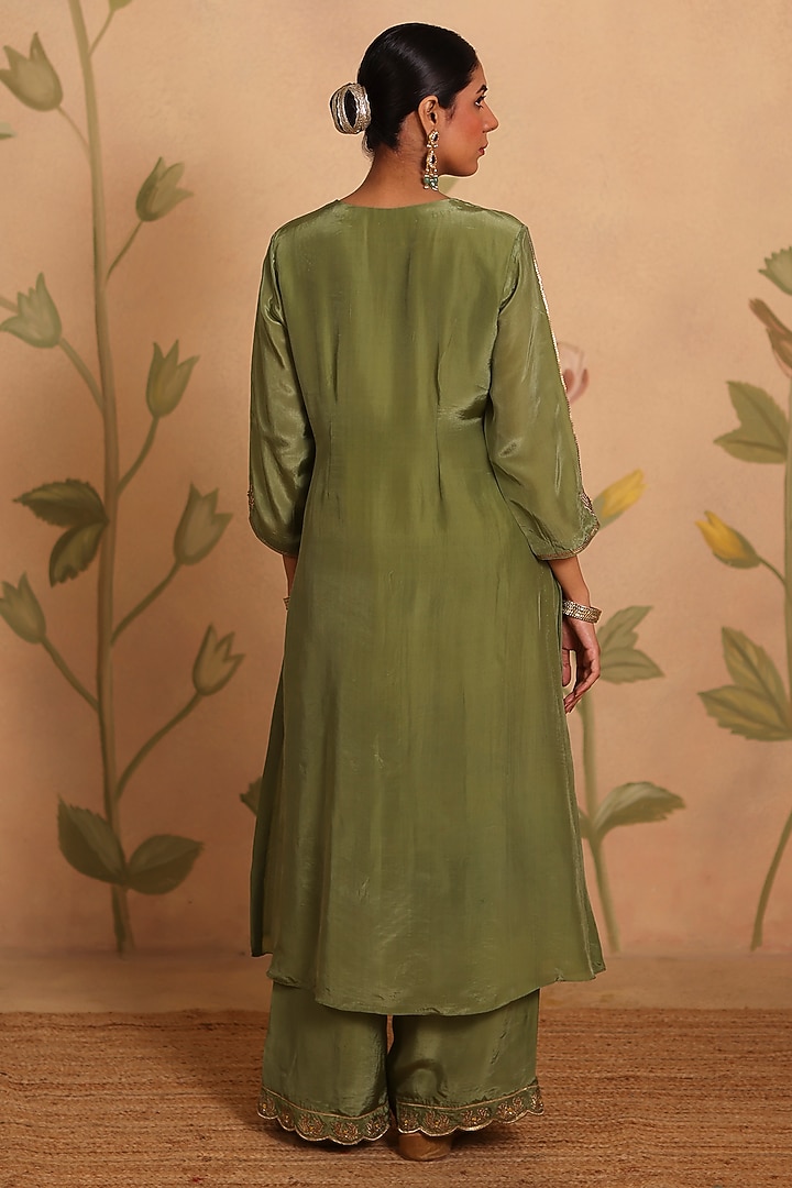 Sage Green Habutai Silk MIrror Embroidered Kurta Set by Pouli at Pernia's Pop Up Shop