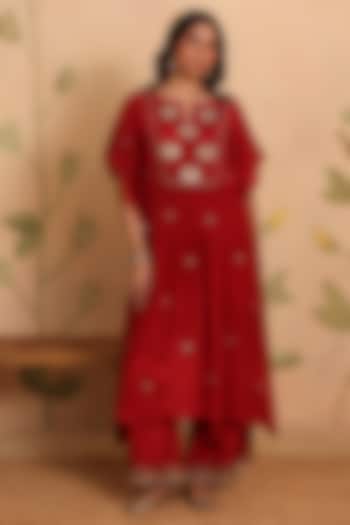 Red Habutai Silk MIrror Embroidered Kaftan Set by Pouli at Pernia's Pop Up Shop
