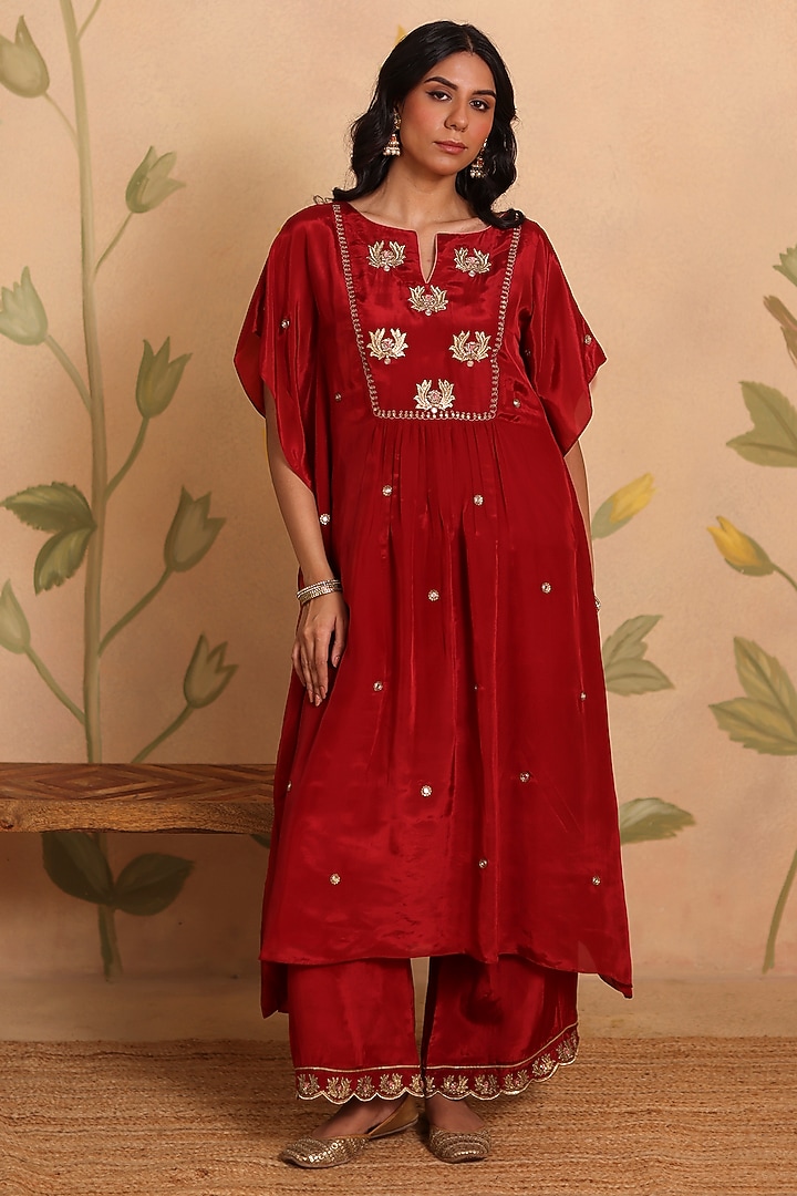 Red Habutai Silk MIrror Embroidered Kaftan Set by Pouli at Pernia's Pop Up Shop
