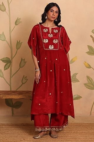 Red Habutai Silk MIrror Embroidered Kaftan Set by Pouli
