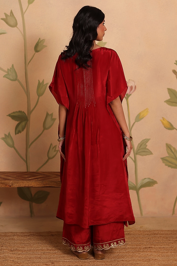 Red Habutai Silk MIrror Embroidered Kaftan Set by Pouli at Pernia's Pop Up Shop