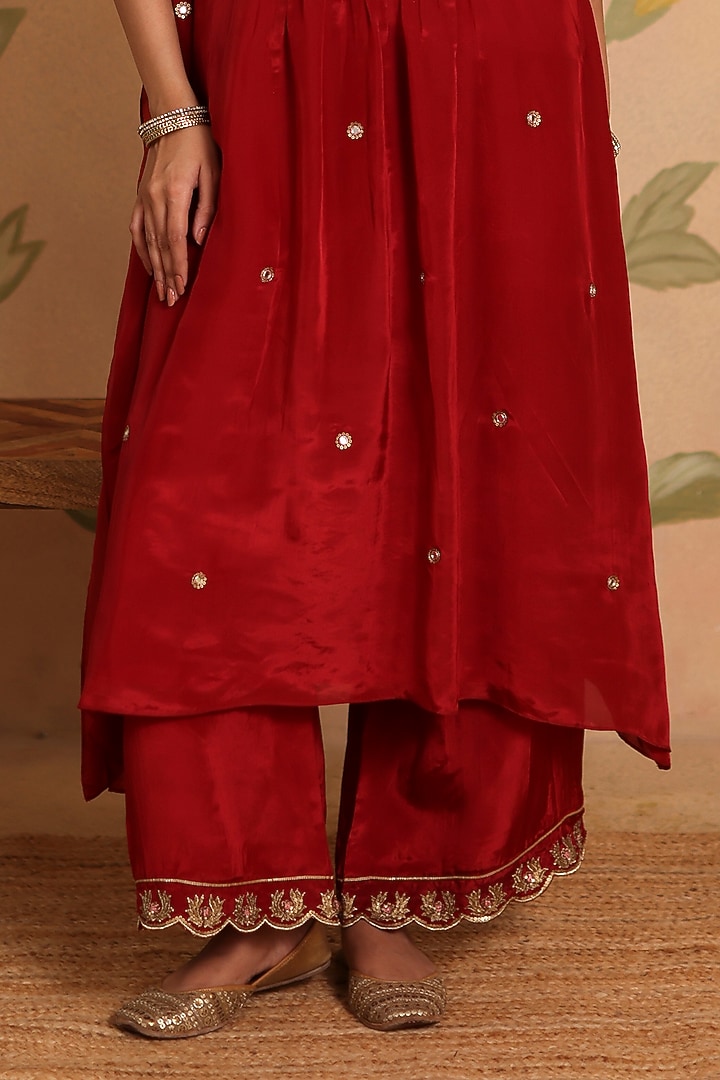Red Habutai Silk MIrror Embroidered Kaftan Set by Pouli at Pernia's Pop Up Shop